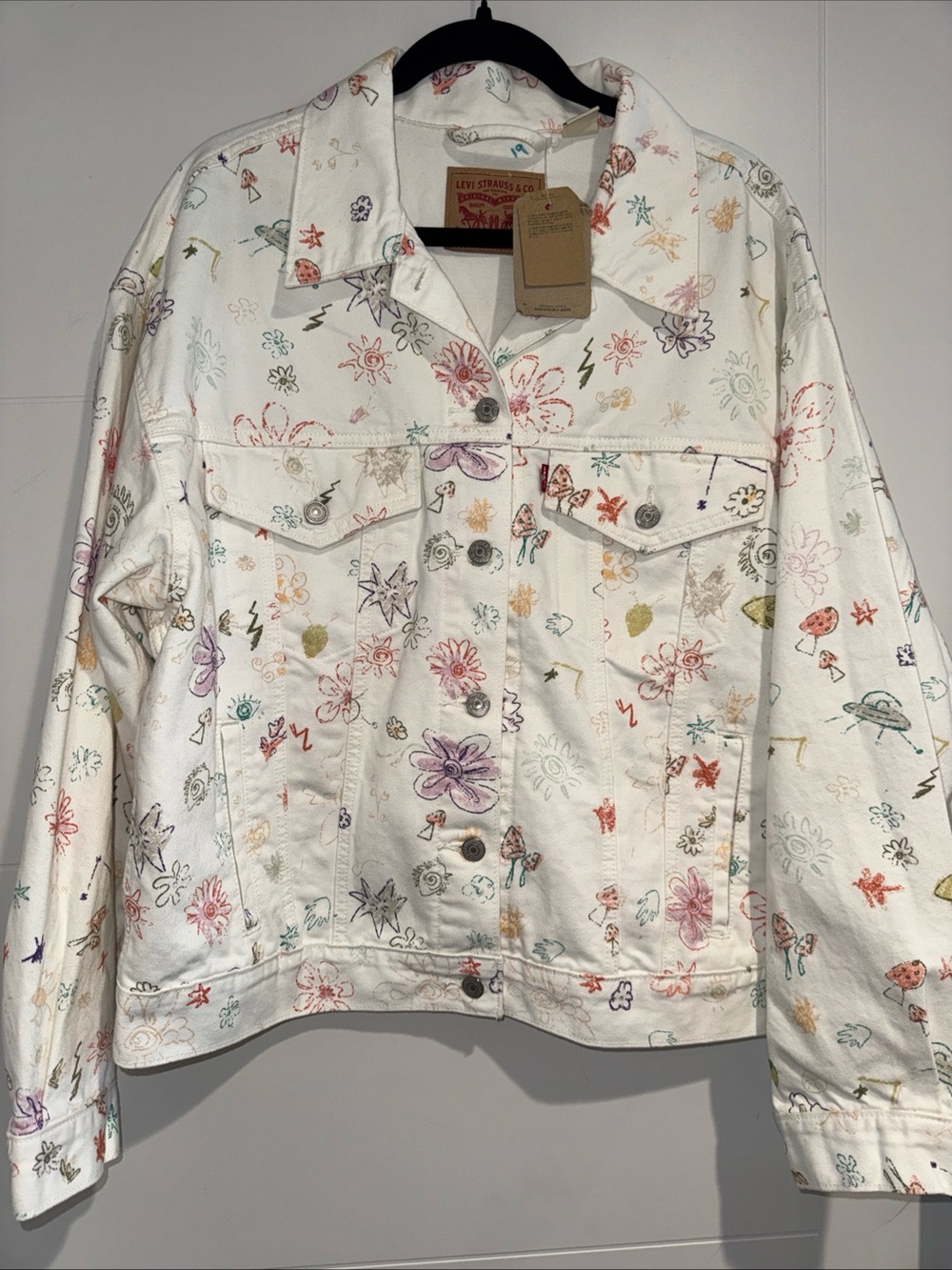 Levi's Women’s White Trucker Denim Jean Jacket All Over Print Floral Alien XL